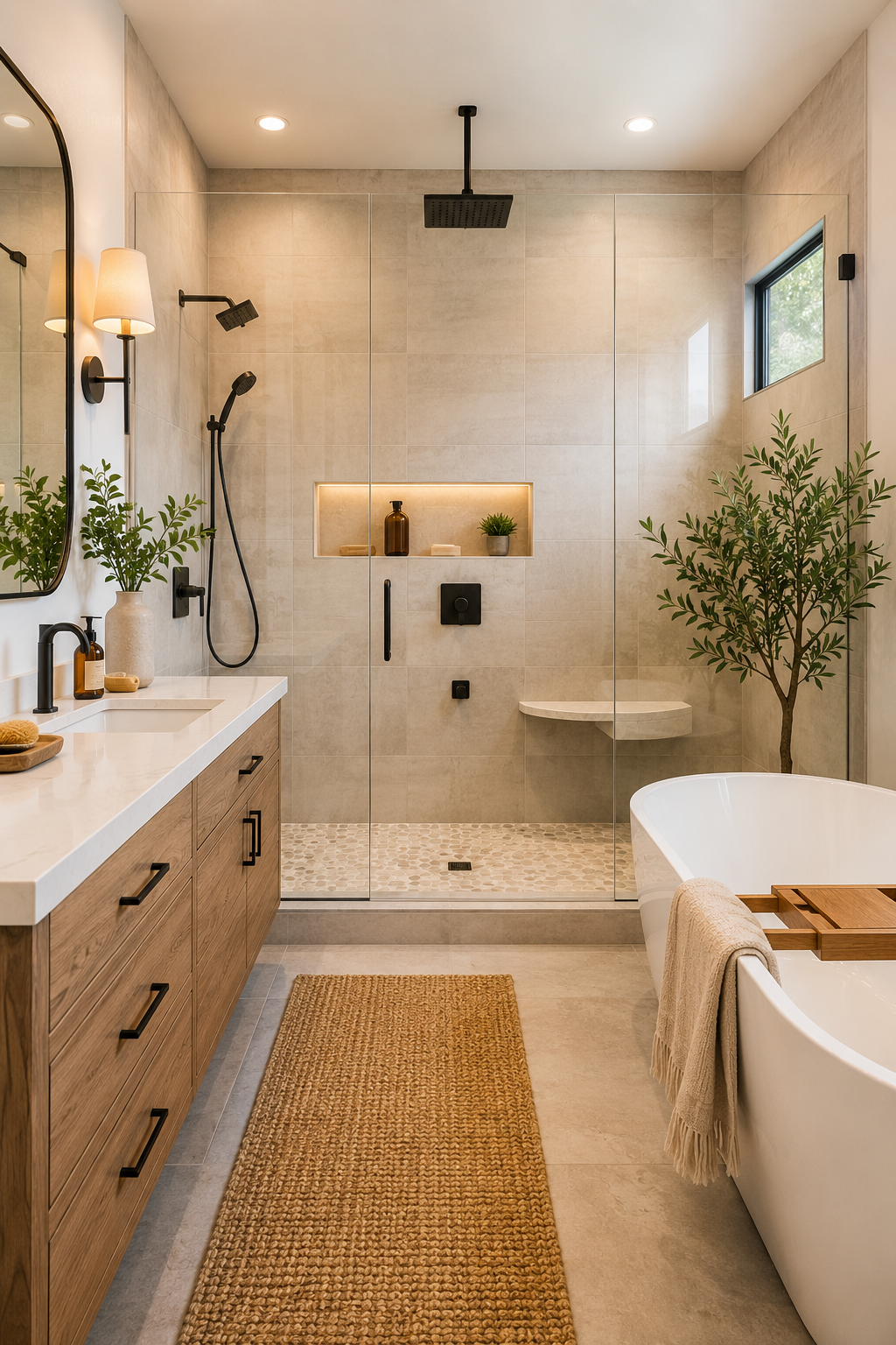 Modern bathroom remodel with custom finishes by H&M Construction
