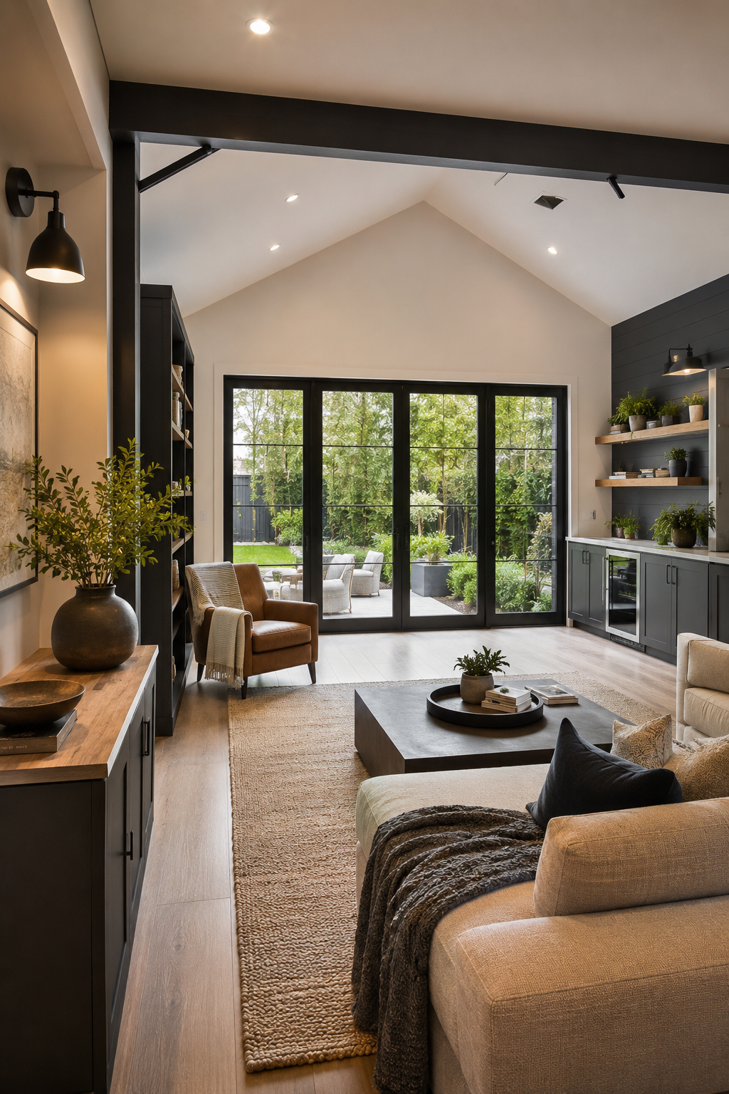 Converted garage transformed into finished living space by H&M Construction