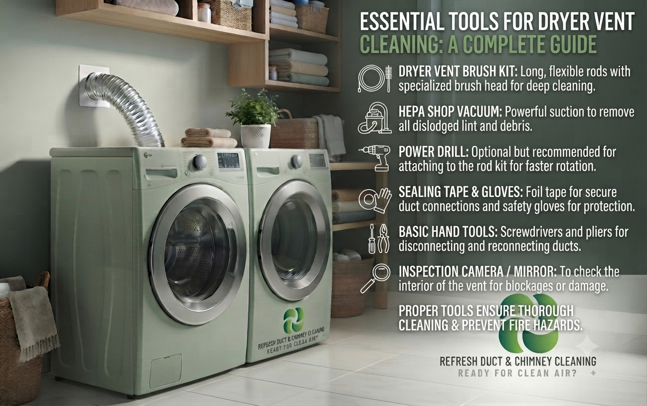 Flat lay of dryer vent cleaning tools: flexible brush kit, shop vacuum, screwdriver and foil tape
