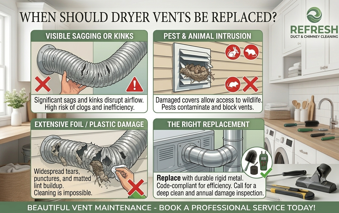 Old, worn dryer vent hose being assessed for replacement