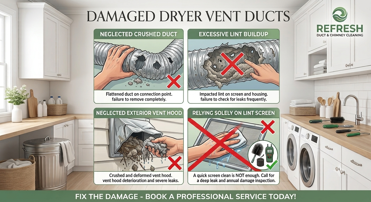 Damaged dryer vent duct with a visible tear and crushed section
