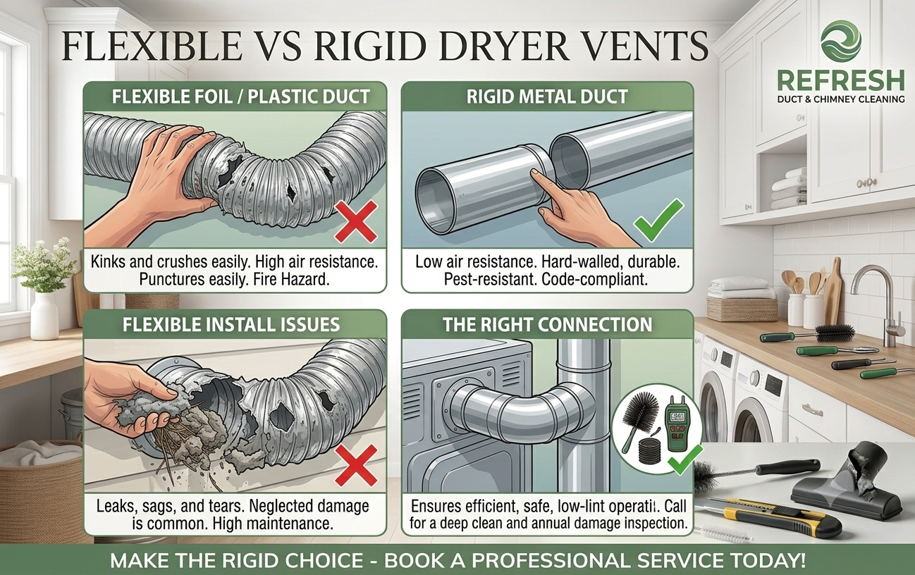 Side-by-side comparison of a flexible dryer vent hose and a rigid metal duct